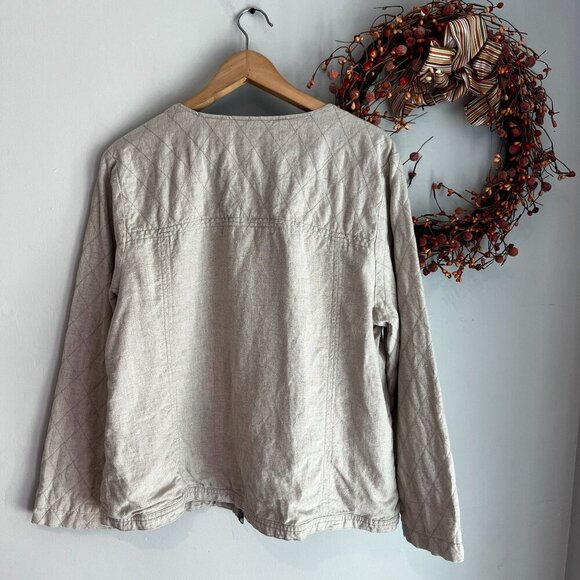 Garnet Hill Womens Everyday Zip Up Quilted Bomber Jacket Size 14 Tan Linen - Picture 10 of 13